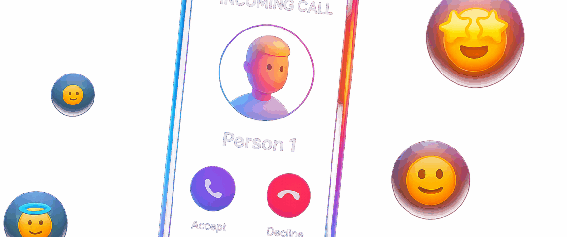 Imagen Neon en estilo glassmorphism de una llamada entrante con emojis al rededor de ella