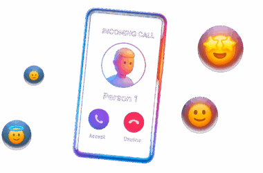Imagen Neon en estilo glassmorphism de una llamada entrante con emojis al rededor de ella