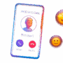Imagen Neon en estilo glassmorphism de una llamada entrante con emojis al rededor de ella