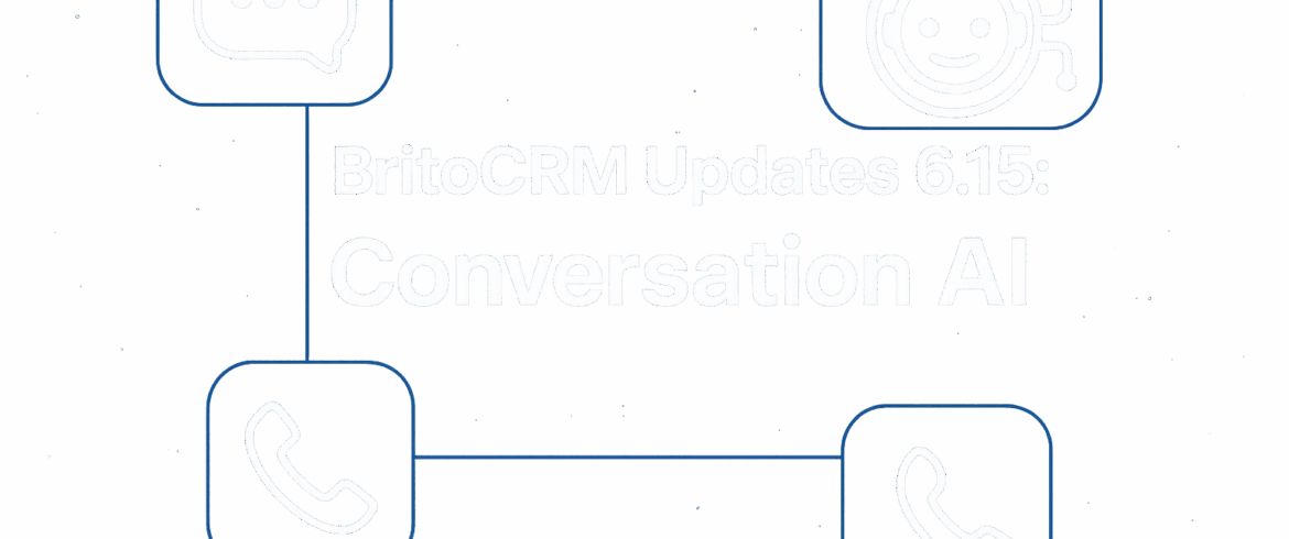 Imagen promocional sobre fondo azul degradado con brillo central: texto grande en el centro "BritoCRM Updates 6.15: Conversation AI". Alrededor aparecen cuatro botones redondeados con iconos luminosos: una burbuja de chat (arriba izquierda), un avatar/robot de IA (arriba derecha) y dos iconos de teléfono (abajo izquierda y derecha) conectados por líneas finas. La composición comunica la llegada de funciones de IA conversacional e integración multicanal en el CRM para automatizar conversaciones, gestionar leads y mejorar la atención al cliente.