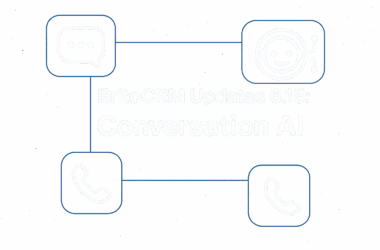 Imagen promocional sobre fondo azul degradado con brillo central: texto grande en el centro "BritoCRM Updates 6.15: Conversation AI". Alrededor aparecen cuatro botones redondeados con iconos luminosos: una burbuja de chat (arriba izquierda), un avatar/robot de IA (arriba derecha) y dos iconos de teléfono (abajo izquierda y derecha) conectados por líneas finas. La composición comunica la llegada de funciones de IA conversacional e integración multicanal en el CRM para automatizar conversaciones, gestionar leads y mejorar la atención al cliente.